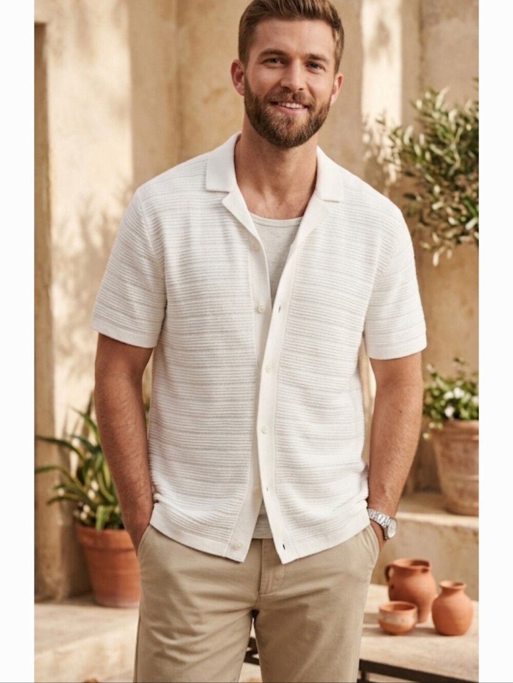 NWT Abercrombie Textured Knit Resort‎ Shirt Cream Short Sleeve Button Up Men L